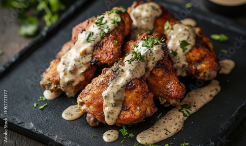 Crispy Chicken Wings Drizzled in Creamy Truffle Sauce