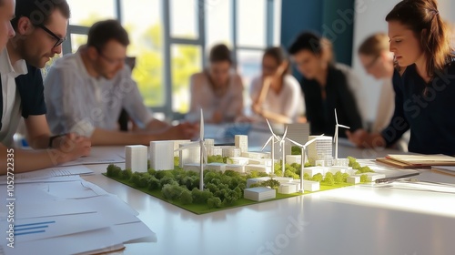 Architects collaborating around a model city with wind turbines, showcasing teamwork in sustainable urban planning and green energy integration, Generative AI