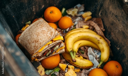 Food leftovers in a garbage can. Food waste, oranges, bananas and sandwiches in a trash bin, organic waste