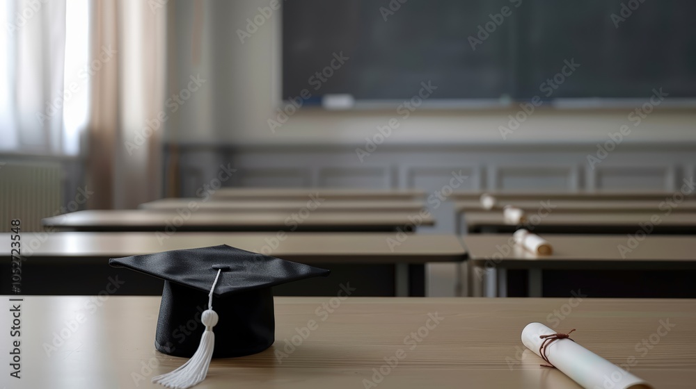 Fototapeta premium Graduation concept, graduation cap on school desk