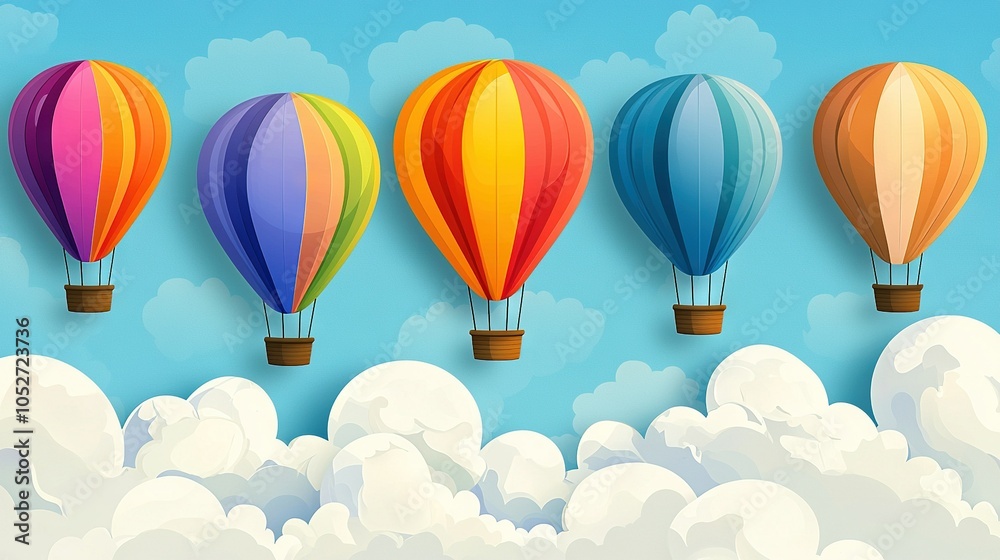 Naklejka premium A vibrant flock of hot air balloons drifts through the sky, surrounded by billowing clouds and a radiant blue canopy above