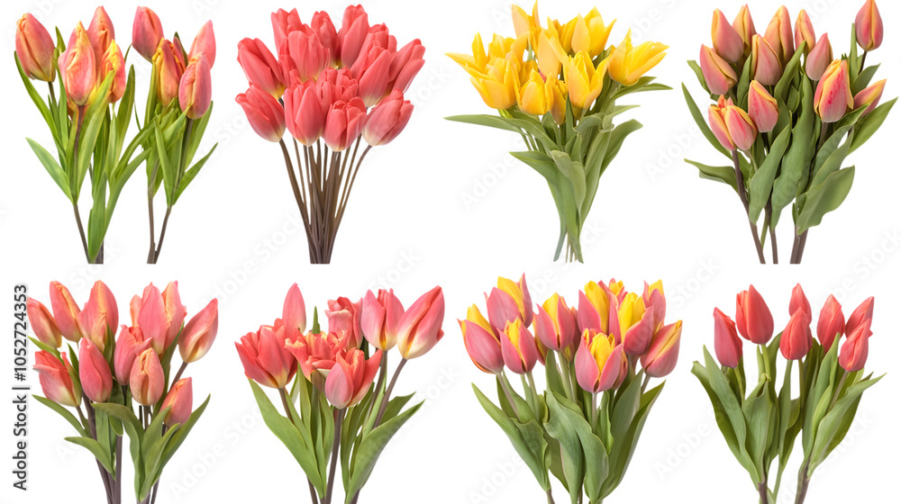 Collection of fresh natural pink, yellow, and red tulip flowers bouquet set Collection of fresh natural pink, yellow, and red tulip flowers bouquet set