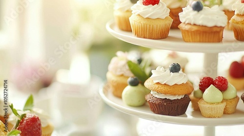  Three-tiered cupcake and muffin display with fresh fruit toppings