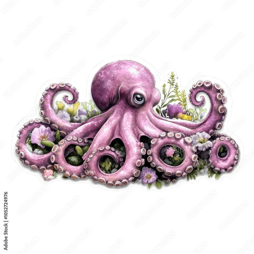 Obraz premium Pink Octopus Surrounded by Flowers
