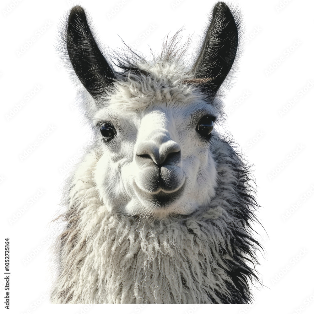 Close-up portrait of a smiling llama with fluffy white fur