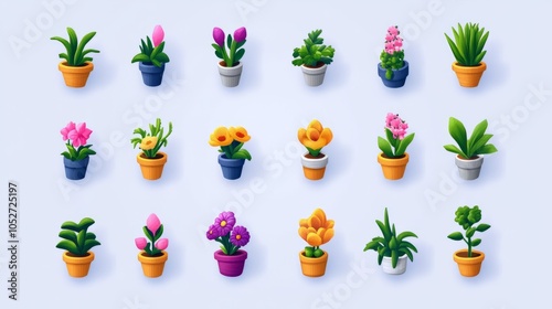 Colorful Potted Plants Arrangement on a Light Background