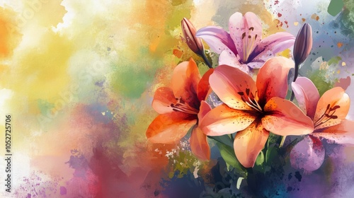 Vibrant Watercolor Lily Bouquet Against a Colorful Abstract Background