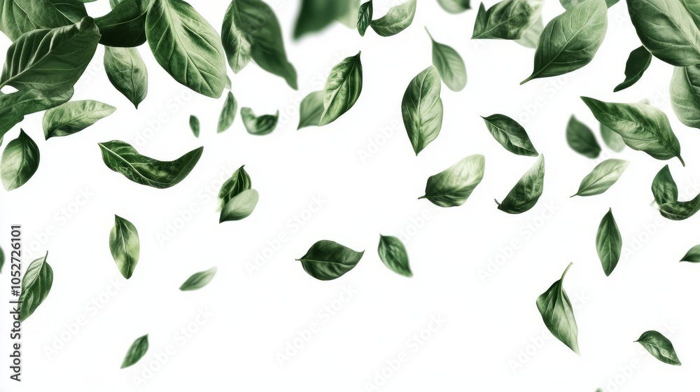 Floating Green Leaves on a White Background Floating Green Leaves on a White Background