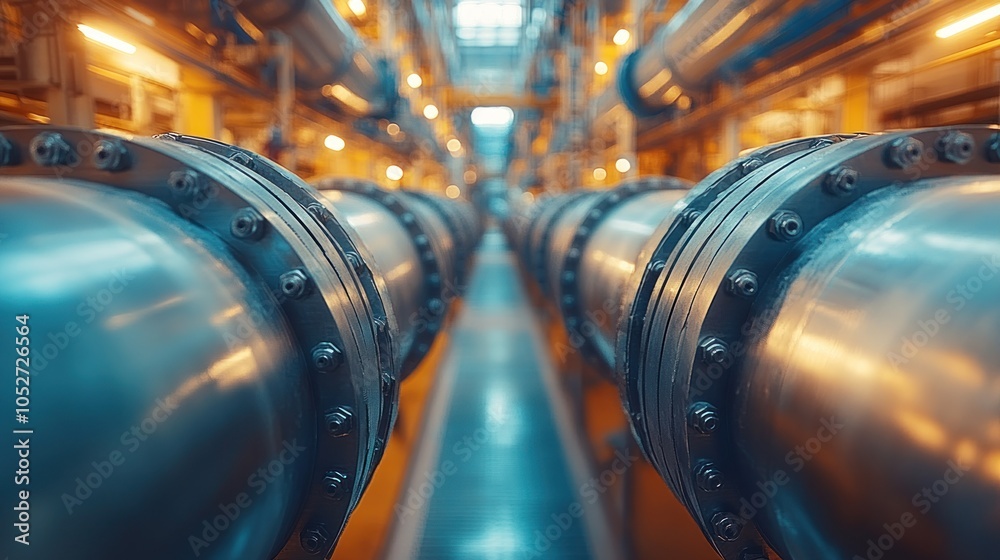 Fototapeta premium Rows of large industrial pipes in a factory.