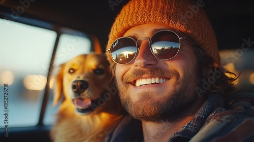 Happy Man with Golden Retriever Puppy Enjoying a Road Trip at Sunset, Smiling While Driving in a Car with Windows Down, Wearing a Beanie and Sunglasses on a Summer Vacation Journey

 photo