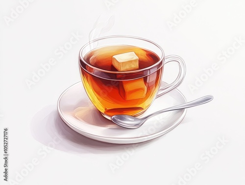 A cup of steaming hot tea with a sugar cube.