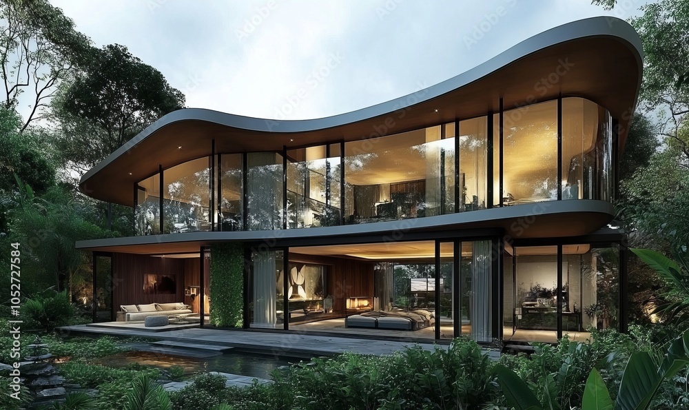 Luxurious modern architectural villa design with large glass walls, open-concept living space, and surrounded