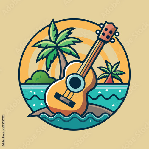 Acoustic guitar on a beach with palm trees.