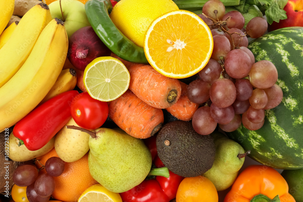 Many different fruits and vegetables as background, top view Many different fruits and vegetables as background, top view