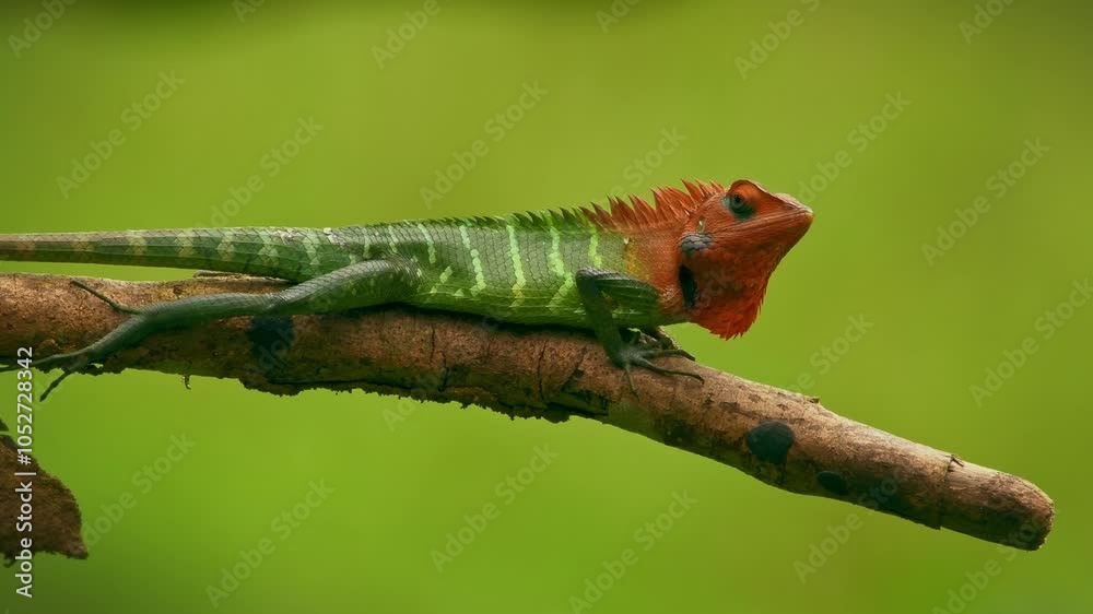 Common green forest lizard - Calotes calotes, agamid lizard found in the forests of Western Ghats and Shevaroy Hills in India, and Sri Lanka, green reptile with red head on the green background.