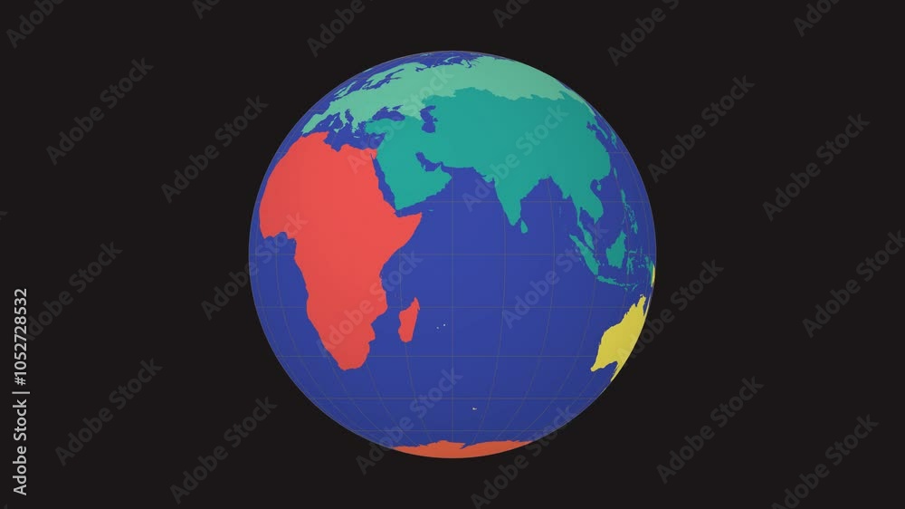 Spinning earth. Normal sphere view. Moderate speed planet rotation. Colored continents style. World map with sparse graticule lines on dark background. Original animation. Spinning earth. Normal sphere view. Moderate speed planet rotation. Colored continents style. World map with sparse graticule lines on dark background. Original animation.