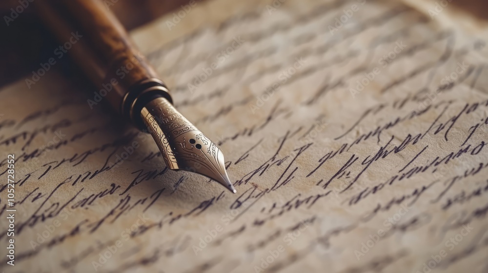 Fototapeta premium Vintage Fountain Pen on Handwritten Manuscript