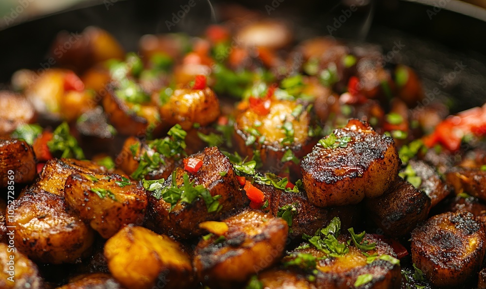 A black bowl filled with fried potatoes and vegetables. The bowl is full and the food looks delicious A black bowl filled with fried potatoes and vegetables. The bowl is full and the food looks delicious