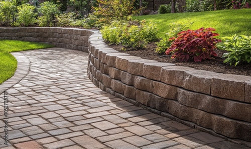 Landscaped patio with retaining wall and pavers