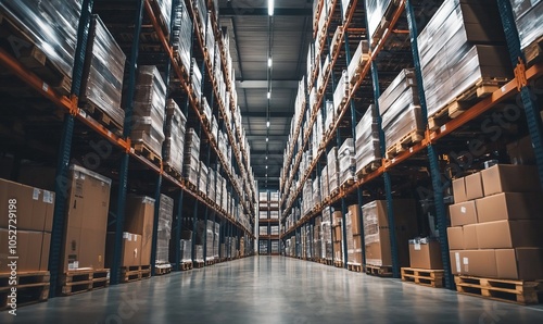 Modern automated warehouse facility with organized aisles, shelving, and stacked cargo boxes ready for efficient distribution and delivery of various products and goods