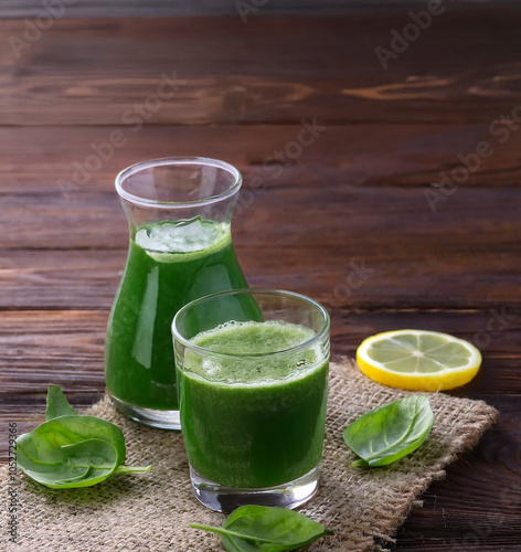 Un vaso y una jarra de jugos verdes detox, junto a una lámina de limón photo