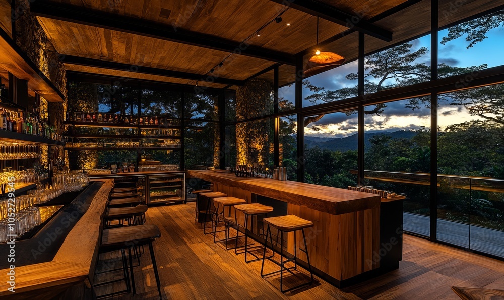 Luxurious modern bar interior design with wooden furniture, industrial lighting, and a scenic nature view through large windows Luxurious modern bar interior design with wooden furniture, industrial lighting, and a scenic nature view through large windows