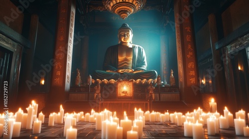 A majestic Buddha statue sits in a serene temple interior, illuminated by numerous candles, embodying peace, spirituality, and tranquility.