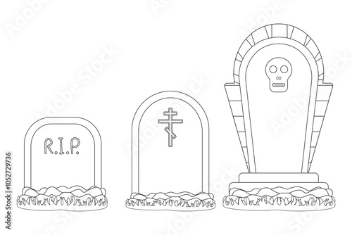 A detailed Halloween-themed coloring page featuring spooky tombstones in a graveyard. Perfect for Halloween crafts and coloring activities.