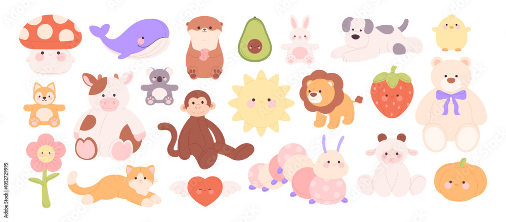 Plush stuffed toys. Textile animals, fabric avocado pumpkin heart mushroom sunny flower. Funny bear monkey cow koala whale, racy vector clipart Plush stuffed toys. Textile animals, fabric avocado pumpkin heart mushroom sunny flower. Funny bear monkey cow koala whale, racy vector clipart
