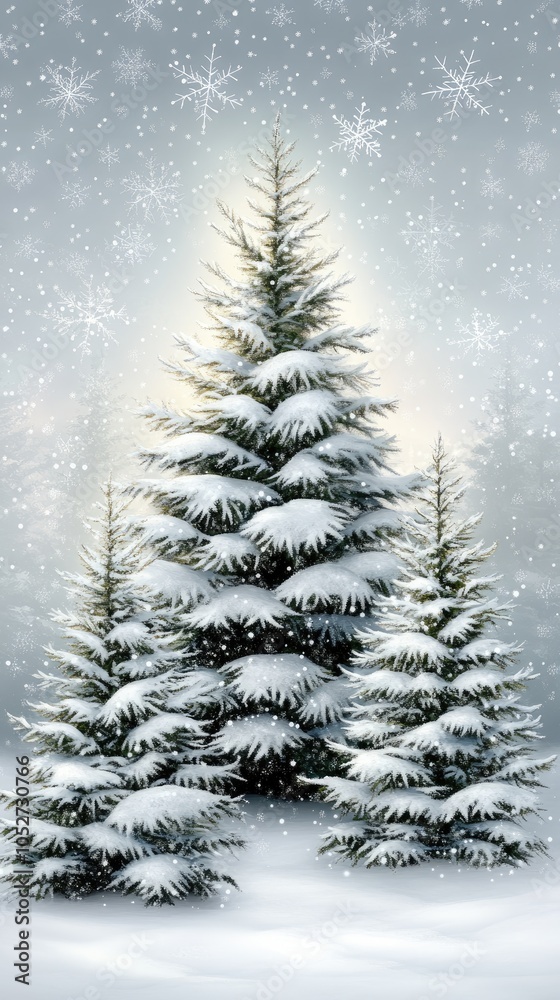 Obraz premium Snowflakes gently fall from the sky as sunlight filters through pine trees, creating a tranquil winter atmosphere