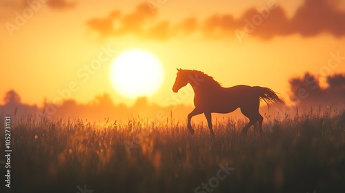 Fototapeta Naklejka Na Ścianę i Meble -  Dramatic photo of a silhouette of a horse running at sunset