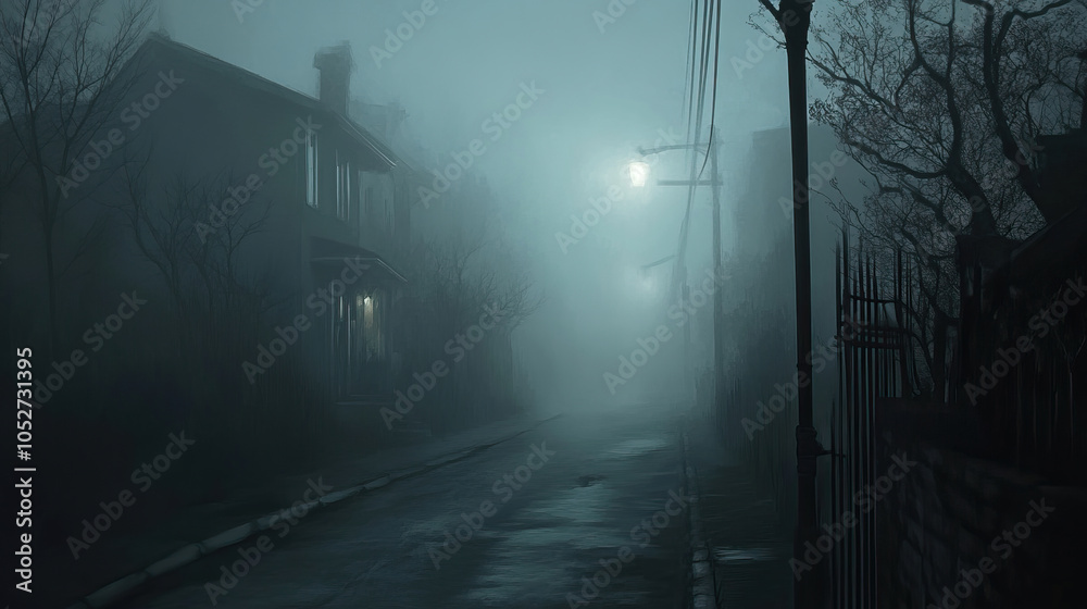 Fototapeta premium The Mysterious Foggy Street Set Within an Abandoned Cityscape Awaits Intriguing Discoveries