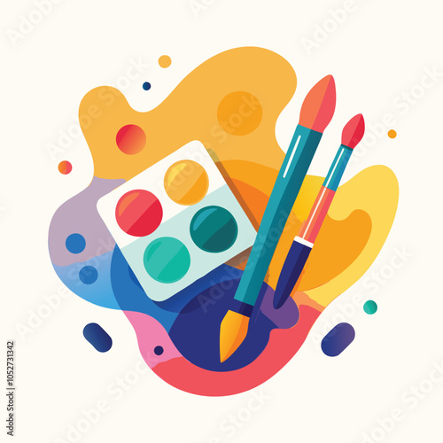 A colorful palette with paint brushes.