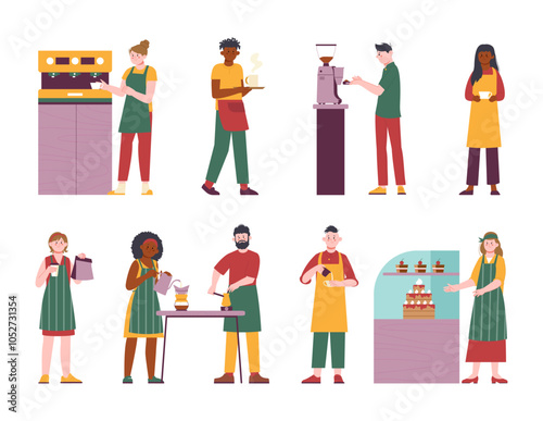 Barista characters. Young people working in cafe or coffee shop, doing espresso americano cappuccino. Girl sell fresh cakes and muffins, splendid vector set