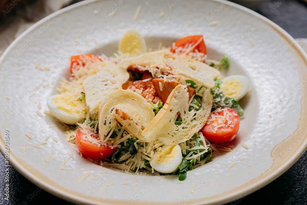 Elegant Caesar salad with grilled chicken, Parmesan, cherry tomatoes, and boiled quail eggs Elegant Caesar salad with grilled chicken, Parmesan, cherry tomatoes, and boiled quail eggs