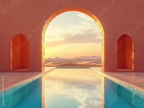 A pool with a view of mountains and a sunset. The pool is surrounded by two arches