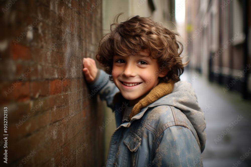 Portrait of a cute little boy with curly hair in the city. Portrait of a cute little boy with curly hair in the city.