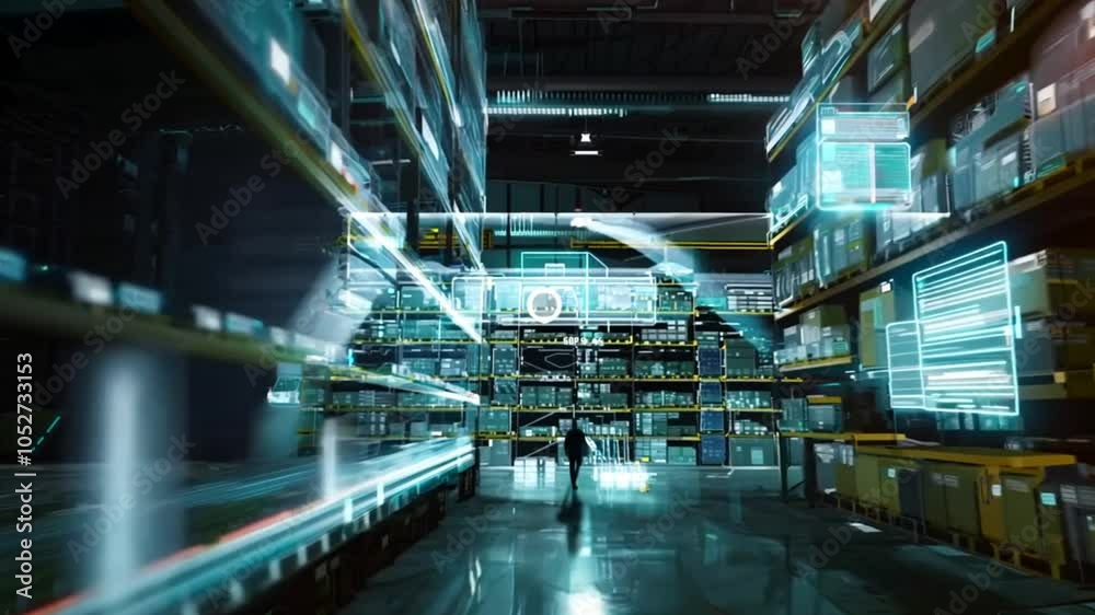 A worker navigates through a high-tech warehouse filled with shelves of boxes. Digital displays project information onto surfaces, showcasing advanced technology in action