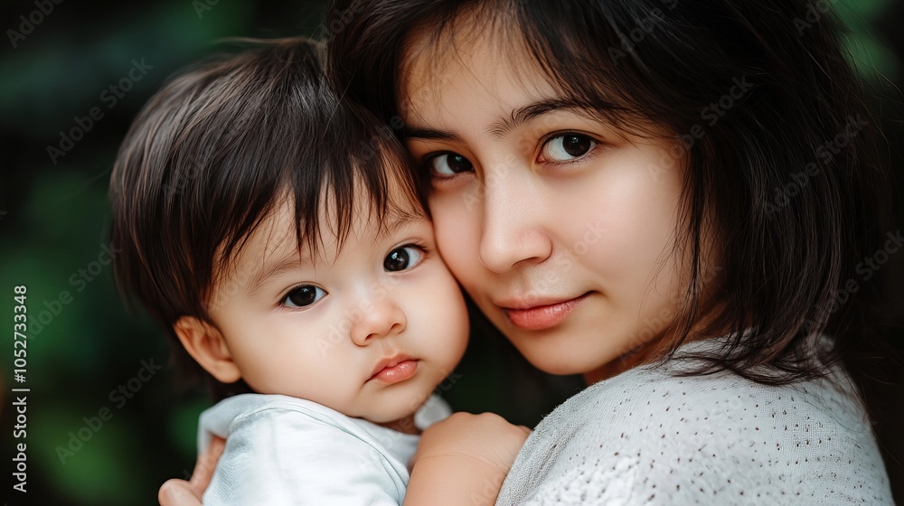 A young Asian mother gently holds her baby in her arms, looking lovingly into the camera.