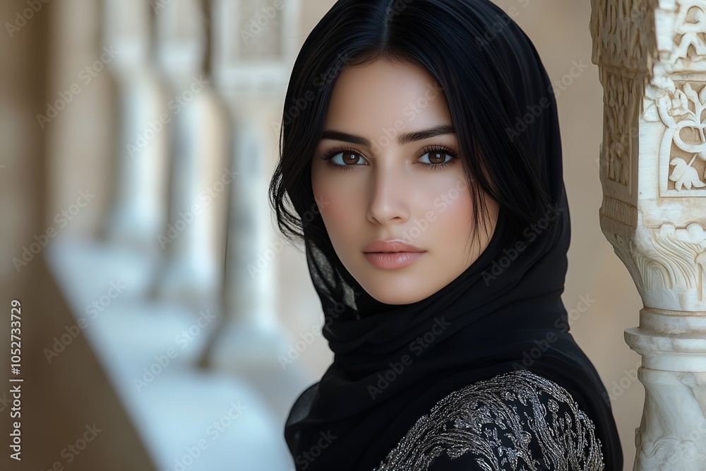 A young Arab woman in a black headscarf gazes thoughtfully at the camera in a historic setting A young Arab woman in a black headscarf gazes thoughtfully at the camera in a historic setting