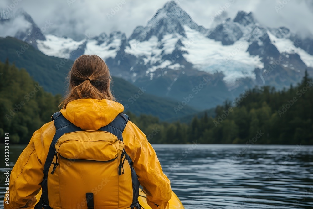 A person in a bright yellow jacket kayaking on a calm lake surrounded by majestic mountains A person in a bright yellow jacket kayaking on a calm lake surrounded by majestic mountains