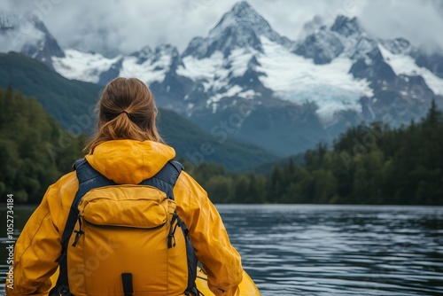 A person in a bright yellow jacket kayaking on a calm lake surrounded by majestic mountains