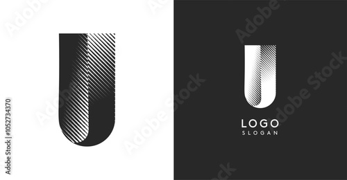 U vector letter. Sharp contrast monogram strike diagonal hatching for industrial yet modern look. High bold logo template. Logotype concept design for brand in tech, architecture, fashion