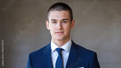 A man in a blue suit and white shirt is wearing a blue tie. He is smiling and looking directly at the camera