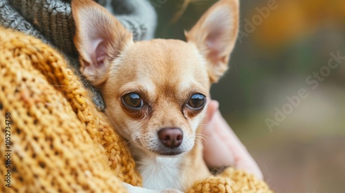 Wallpaper Mural A small chihuahua is lovingly cradled on a knitted blanket, capturing a tender moment filled with warmth, affection, and a sense of security in a cozy setting. Torontodigital.ca