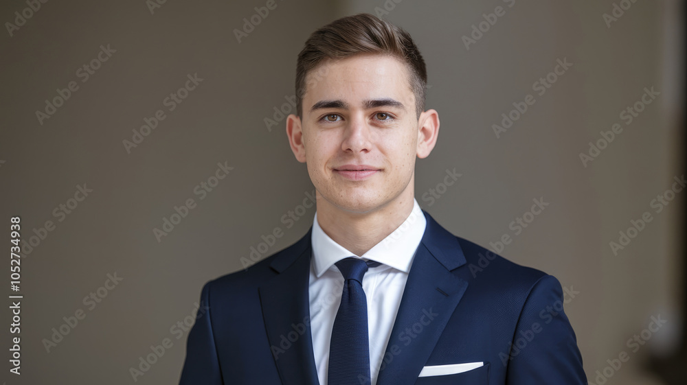 A young man in a suit and tie is smiling for the camera. He looks confident and professional A young man in a suit and tie is smiling for the camera. He looks confident and professional