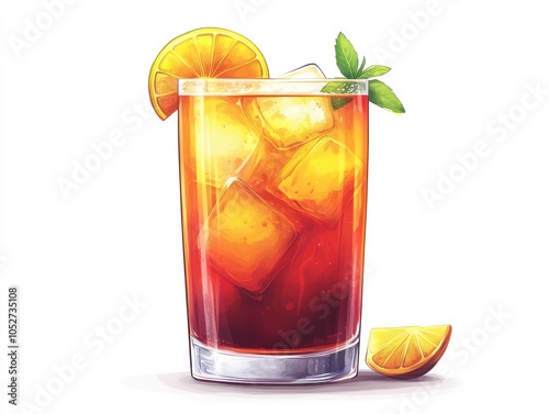 A tall glass of iced tea with an orange slice and mint sprig.