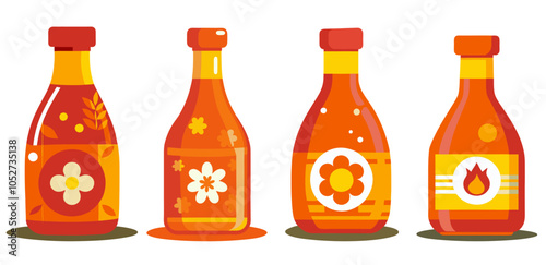 Set of bottles full of hot sauces with fire symbol on its label standing on table. Asian collection culture element or traditional symbol of asia