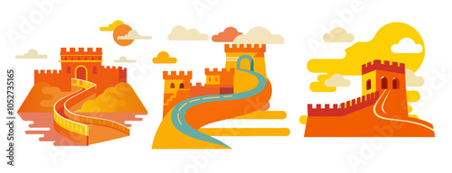 Set of illustration depicts a winding road leading to an ancient asian fortress under a cloudy sky. Asian collection culture element or traditional symbol of asia