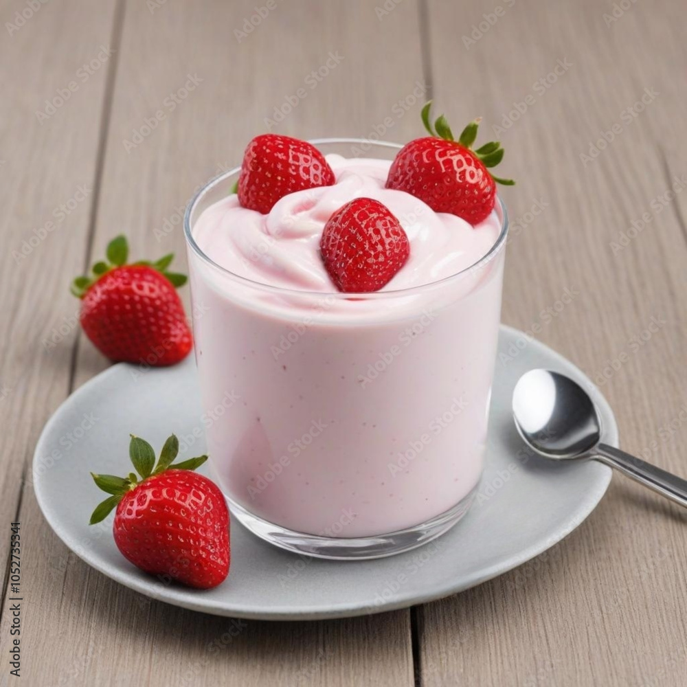 Vaso con yogur y fresas sobre un platillo junto a una cucharilla sobre una mesa de madera Vaso con yogur y fresas sobre un platillo junto a una cucharilla sobre una mesa de madera